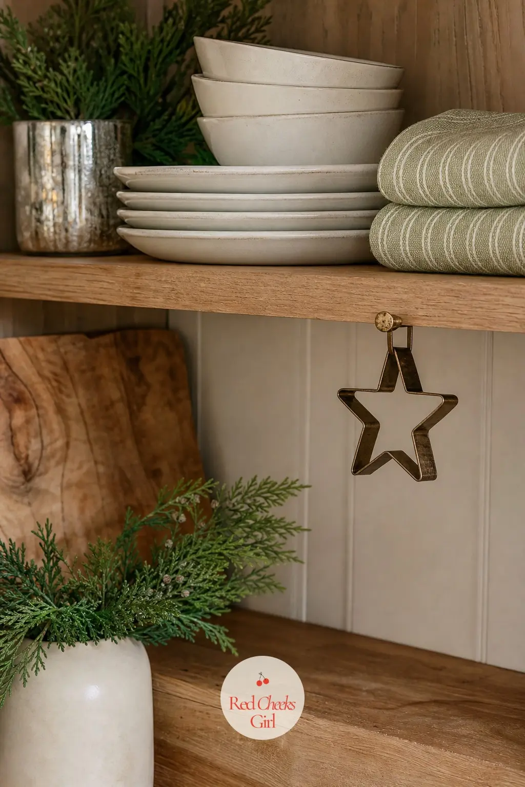 An Open Shelf With Only What Gets Used — On the kitchen's open shelving, leave out only the pieces already in daily use, stacked ivory stoneware and one row of