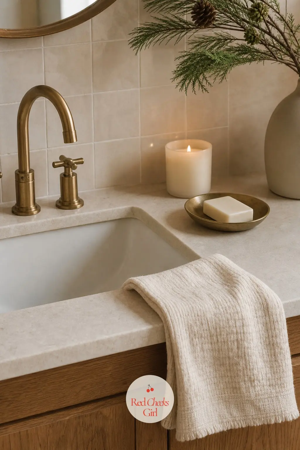A Powder Room With Three Things, Not Ten — One ivory hand towel, one bar of plain soap on a small brass dish, and one unscented candle: that is the entire