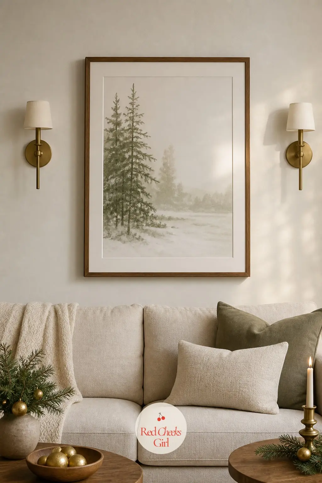 A Single Framed Print Above the Sofa — Instead of garland strung along the wall, hang one large, simply framed print in muted sage and ivory tones above the