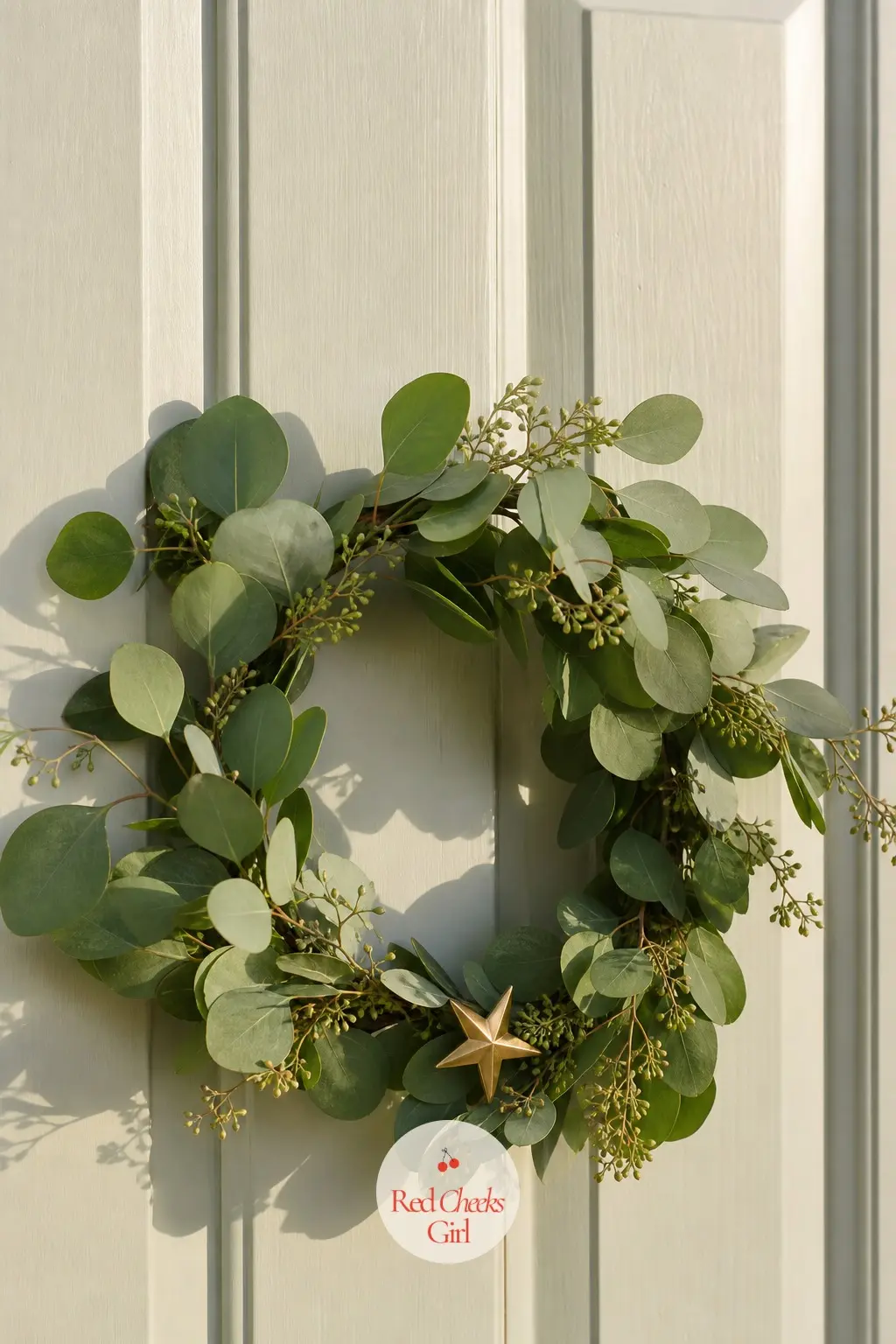 A Single Fresh Wreath, Hung Low on the Door — One fresh eucalyptus wreath, hung slightly lower than centre on the front door rather than dead centre, reads