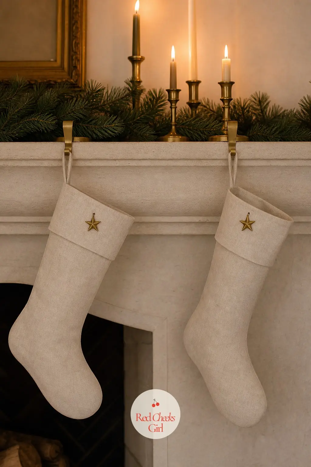 Two Linen Stockings, Hung Wide Apart — Skip a stocking for every surface and hang just two, in matching ivory linen with a thin brass hook, spaced far enough