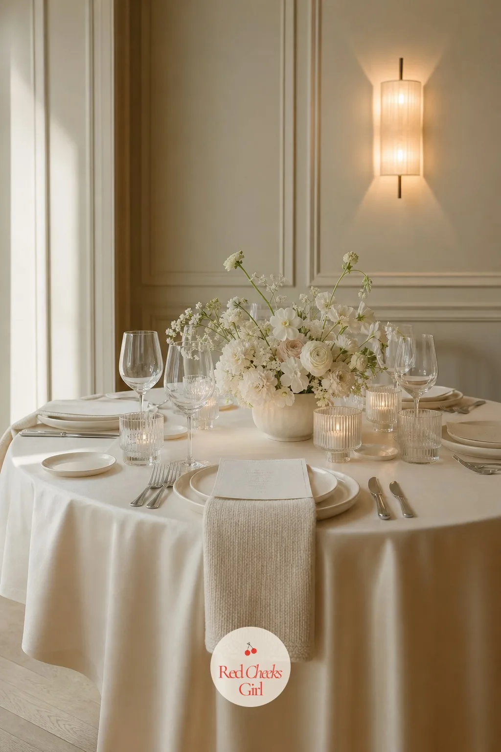 All-Ivory Table With Tonal Textures — A table in one flat shade can look like it ran out of ideas halfway through. Minimalist wedding table decor