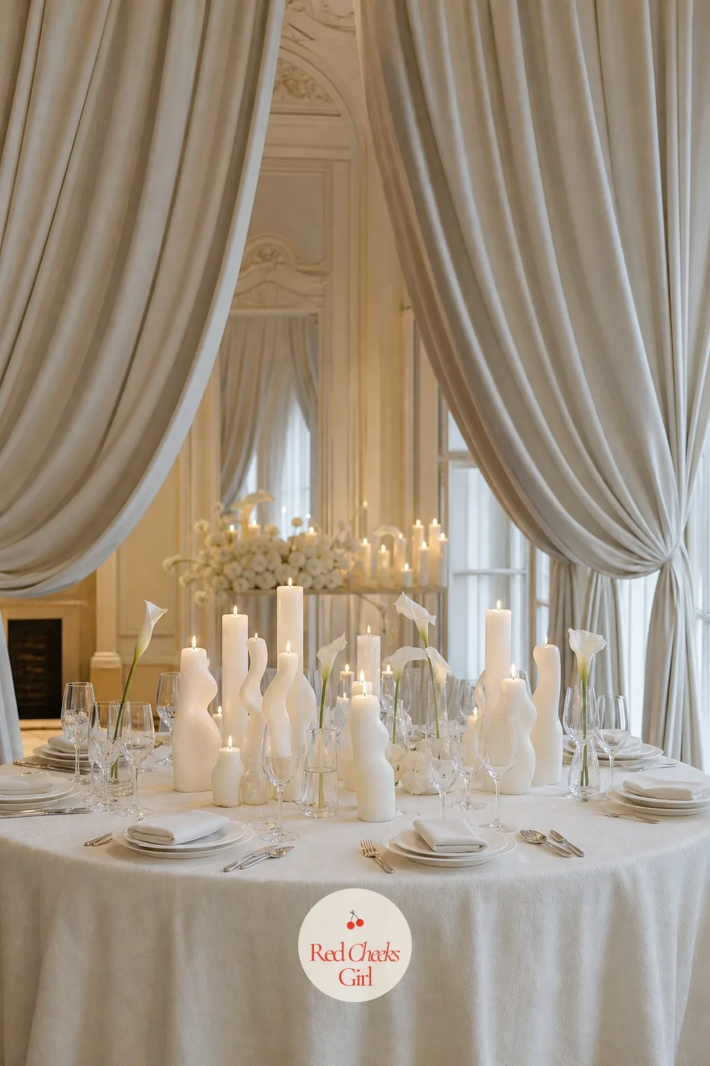 All-White Table With Sculptural Candles — Tell her it is all white and she pictures a hospital corridor. Minimalist wedding table decor
