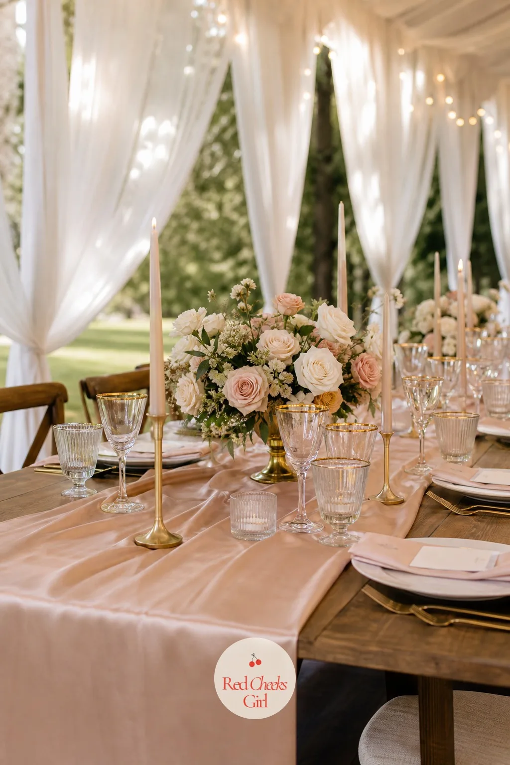 Blush and Champagne Monochrome Table — Pure white can feel cold under a marquee at dusk. Minimalist wedding table decor