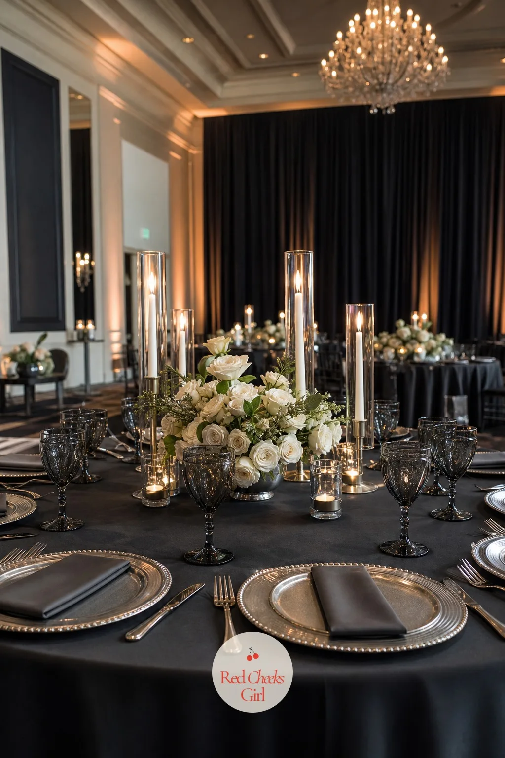 Charcoal and Silver Table — Evening receptions ask for a little drama a daytime garden table never needs. Minimalist wedding table decor