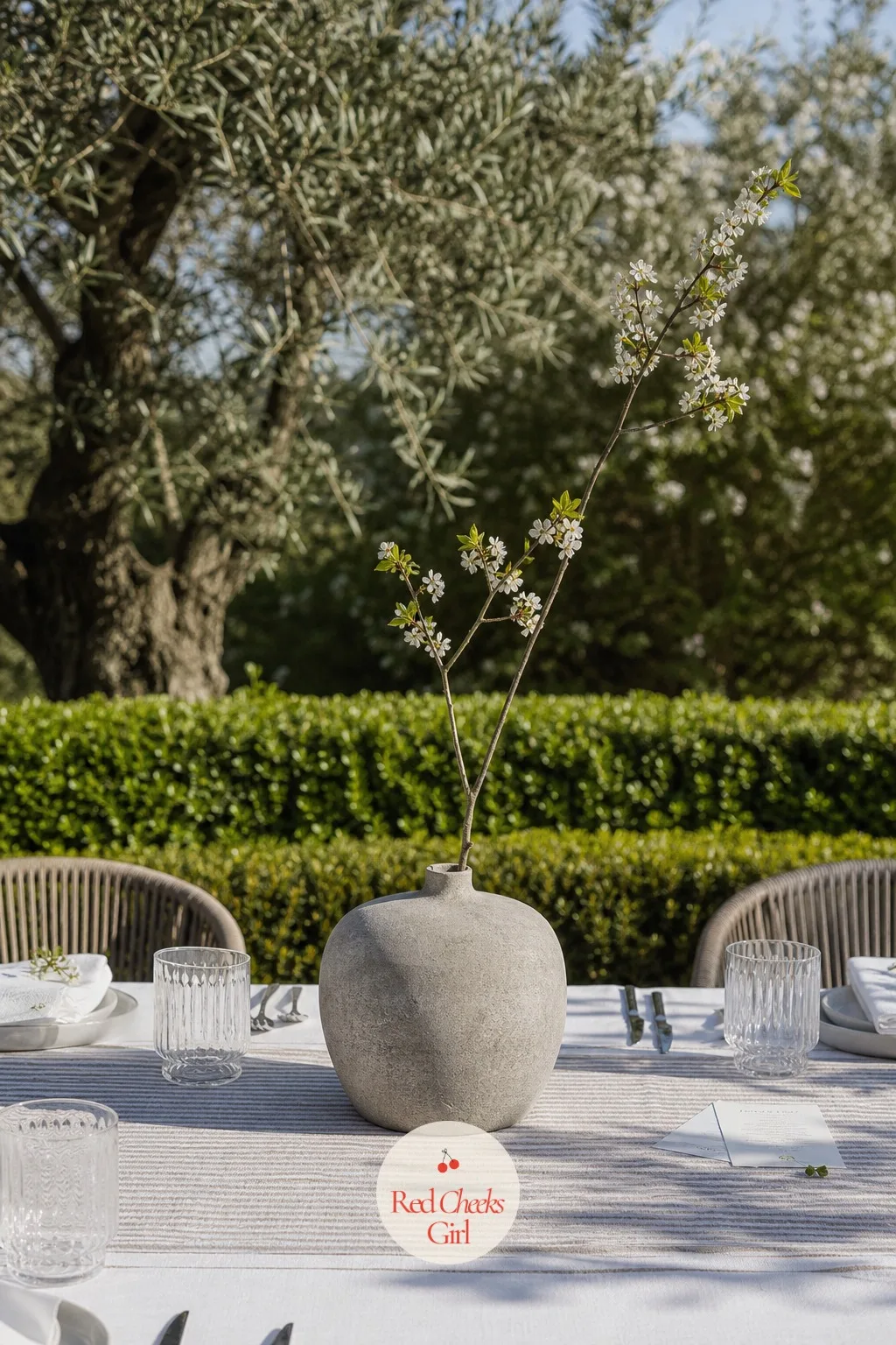 Concrete-Look Vase With One Branch — Glass and porcelain can feel a little precious on an outdoor table. Minimalist wedding table decor