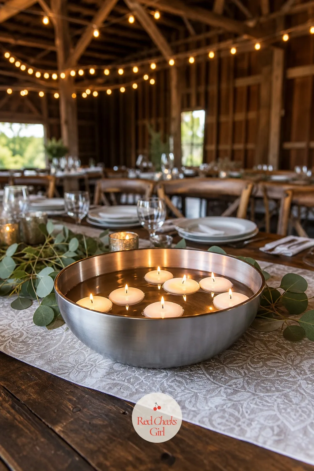 Floating Candle Bowl in Brushed Steel — A barn table can swallow small details whole. Minimalist wedding table decor