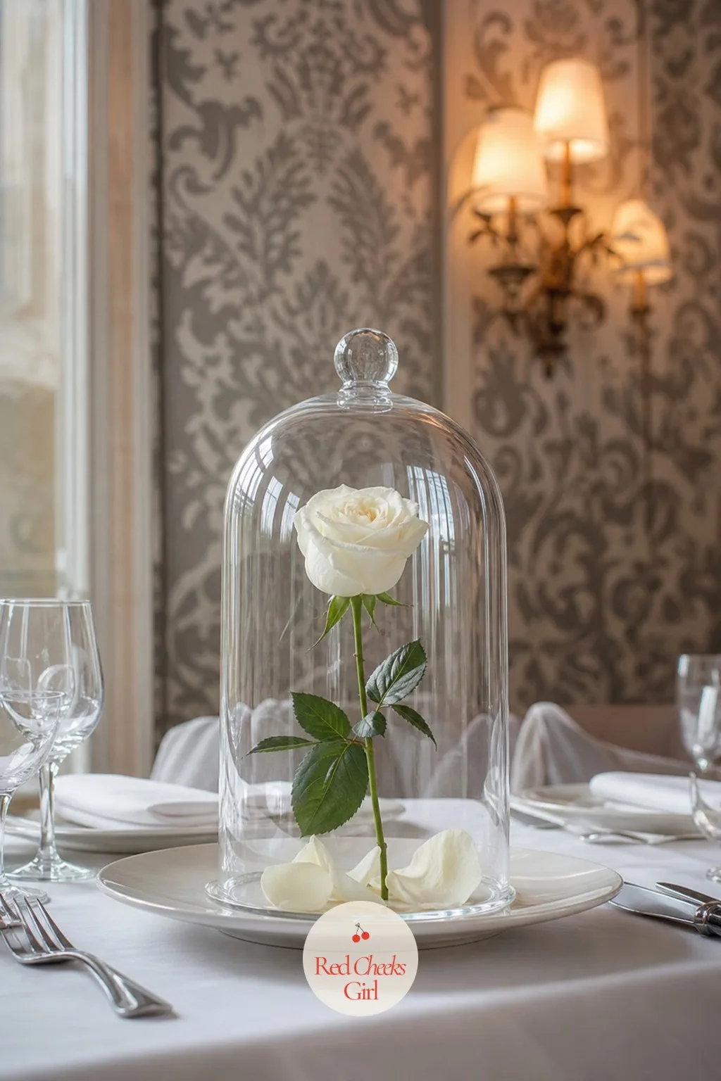 Glass Cloche Over a Single Bloom — A flower left exposed on a busy reception table gets knocked, bumped, and wilts by the speeches. Minimalist wedding table