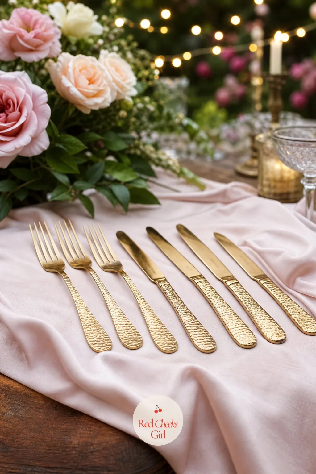 Hammered Brass Flatware on a Pale Cloth — Plain silver cutlery disappears into a pale tablecloth the moment the lights dim. Minimalist wedding table decor