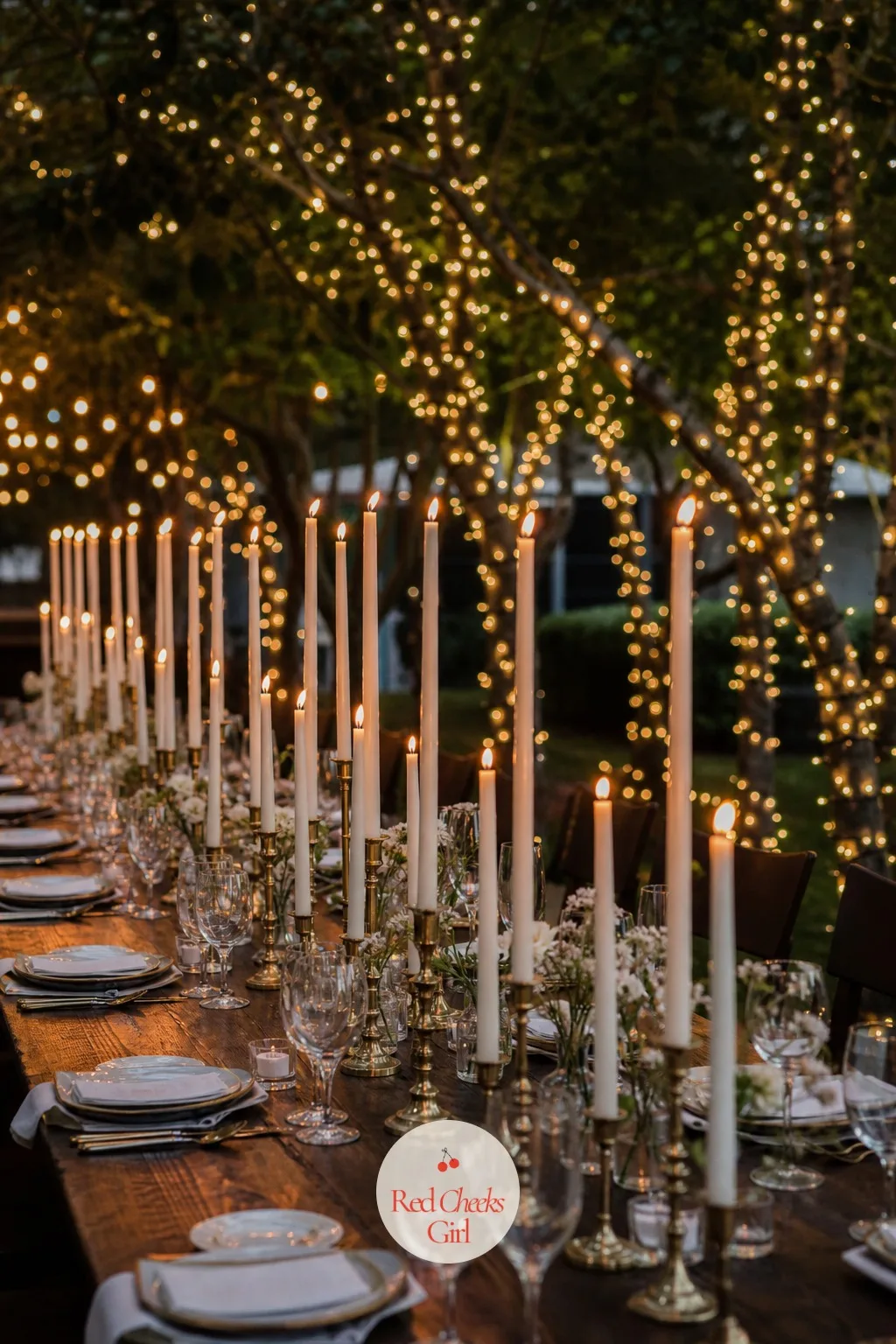 Lines of Taper Candles Only — Skip the centerpiece argument entirely. Minimalist wedding table decor