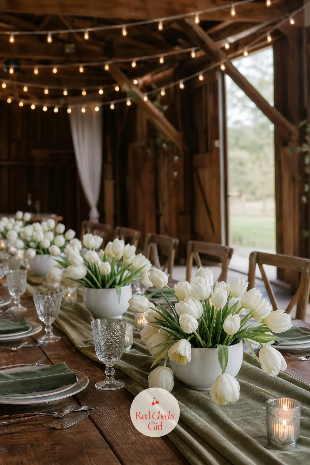 Low White Tulips in a Row — Tall arrangements block the view across the table and nobody says so out loud until the toasts start. Minimalist wedding table decor