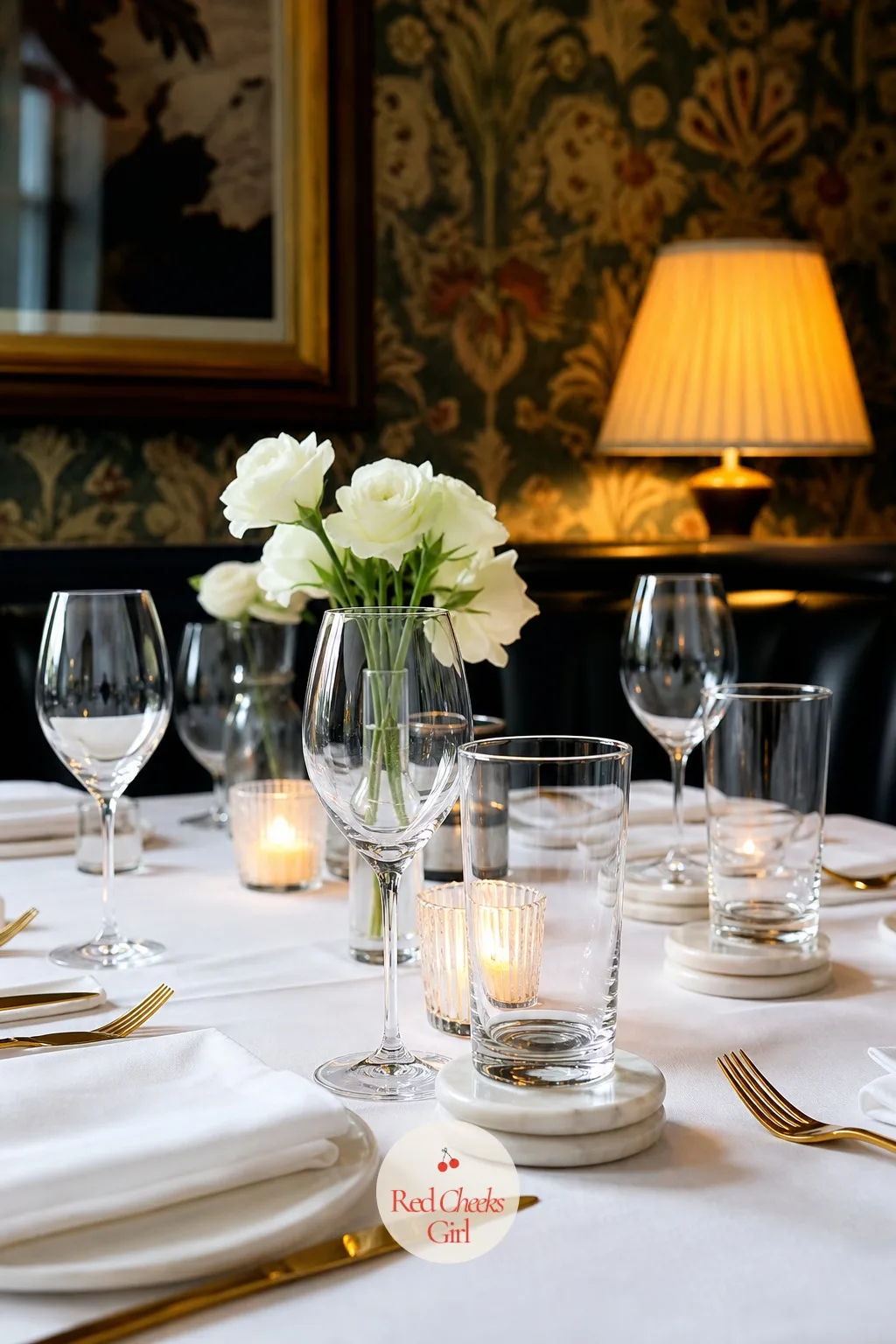 Marble Coaster Stack at Each Place — A water glass sweats a ring onto a satin cloth within the first half hour and nobody notices until the photos come back.