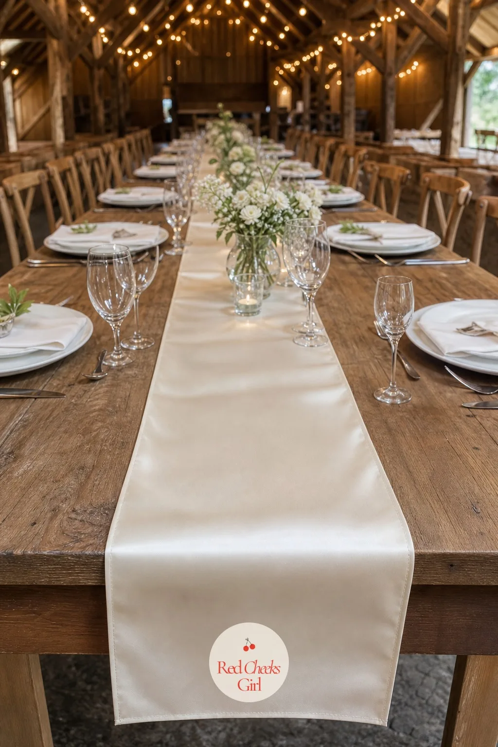 Pressed Satin Runner on Bare Wood — A full tablecloth can hide a beautiful wood table nobody will ever see again. Minimalist wedding table decor