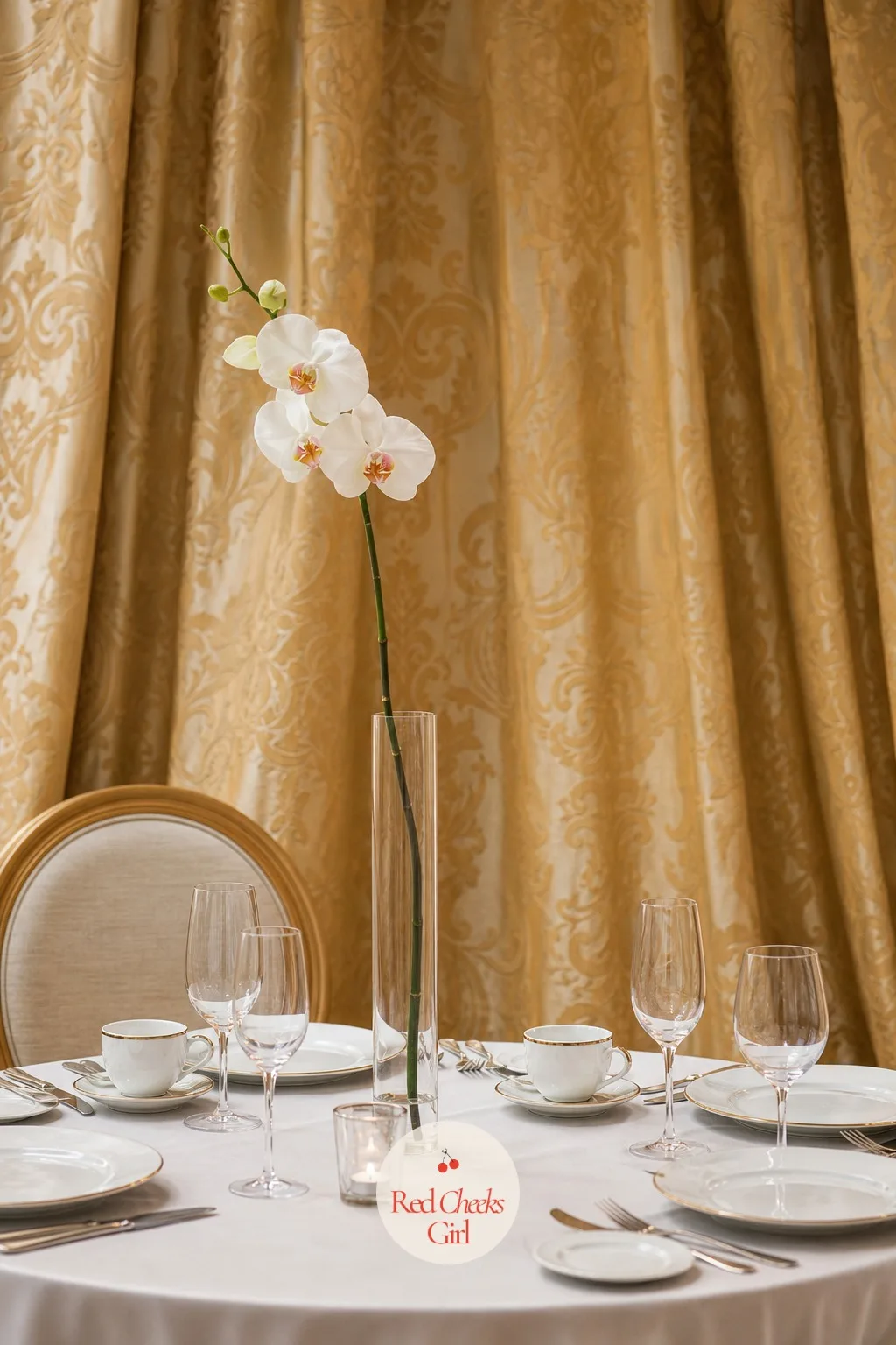 Single Orchid Per Table — A whole table, one flower. Minimalist wedding table decor