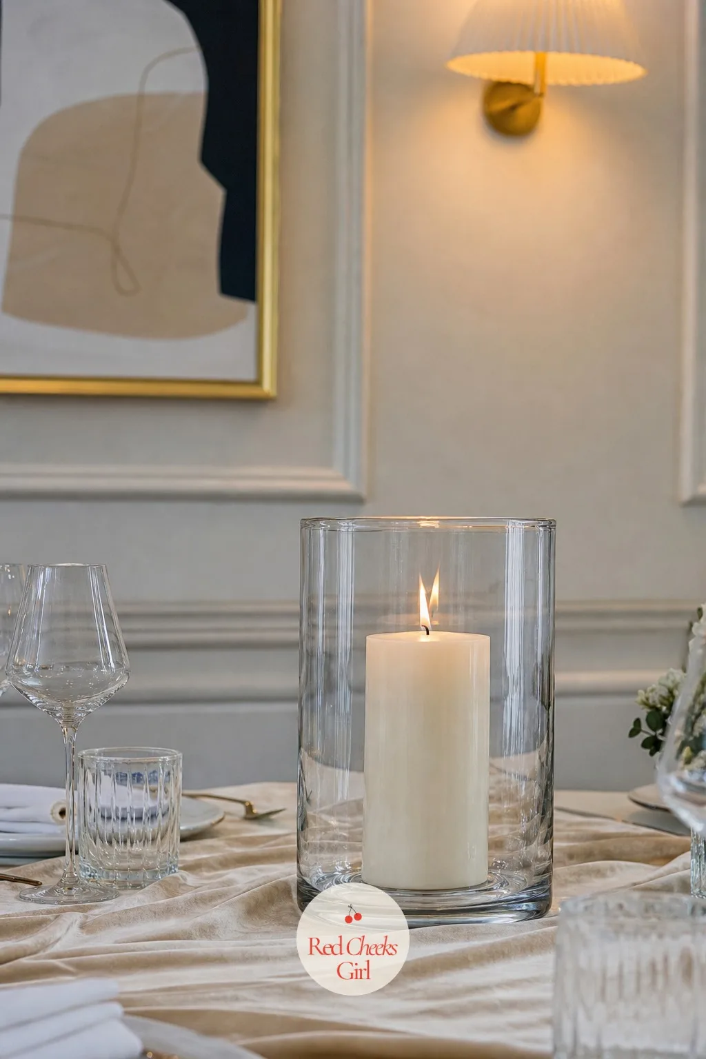 Single Pillar Candle in a Glass Hurricane — One candle sounds like it will look lonely on a full-sized table. Minimalist wedding table decor