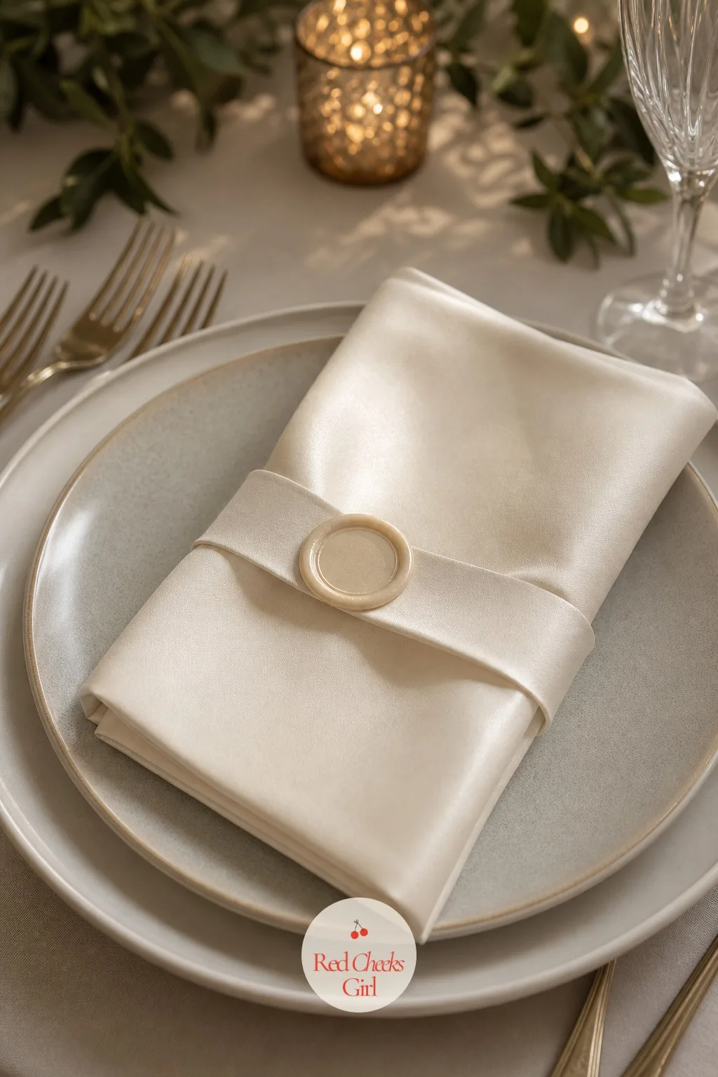Structured Napkin Fold With a Wax Seal — A napkin just laid flat looks unfinished next to everything else on a styled table. Minimalist wedding table decor