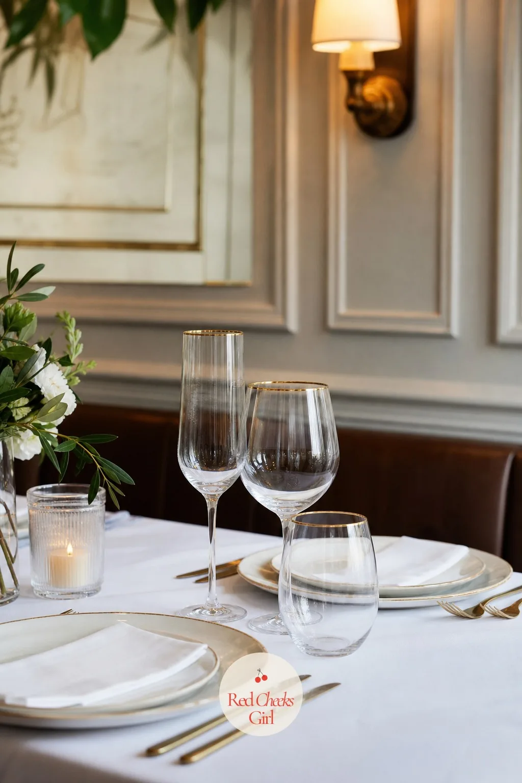 Thin Gold-Rimmed Glass Stack — A single wine glass at each place looks a little sparse once the water glass and champagne flute join it piecemeal through the