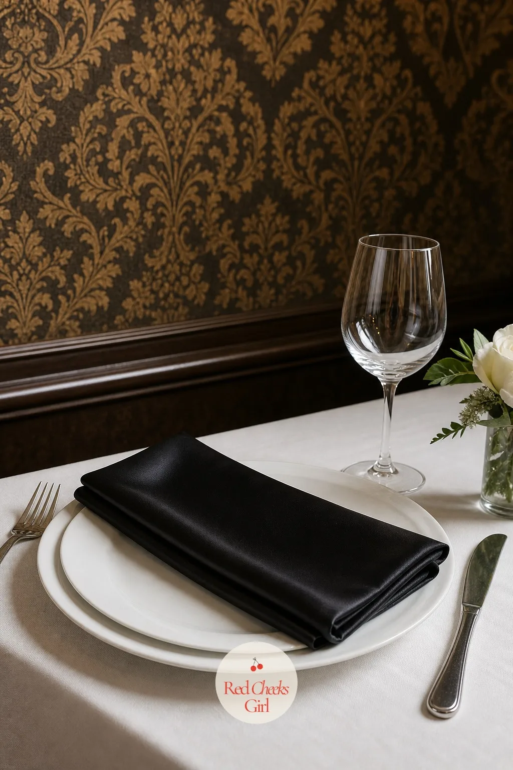 White China With a Black Napkin — White china alone can look like it is waiting for something to happen. Minimalist wedding table decor