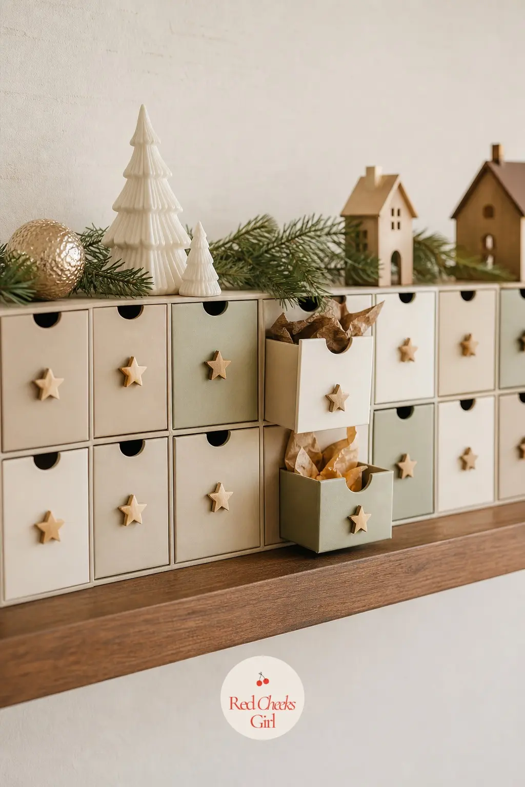 An Advent Calendar Of Matte Numbered Boxes On A Shelf — Twenty four small matte boxes numbered in brass, lined up along a walnut floating shelf rather than