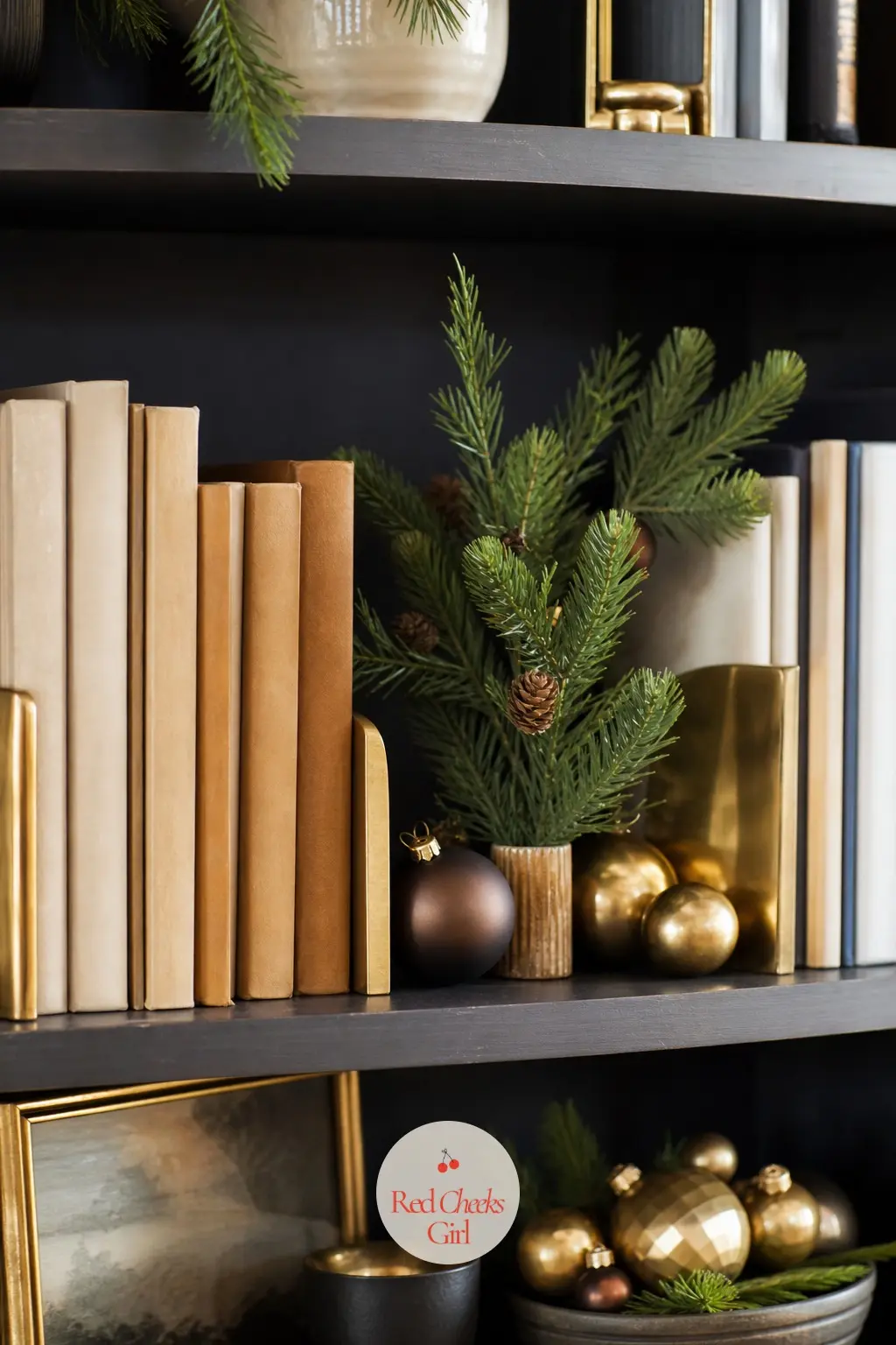 Bookshelves Edited Down To Branches, Brass And A Few Baubles — Pull a third of the books off the shelves for the season and replace the gap with brass bookends
