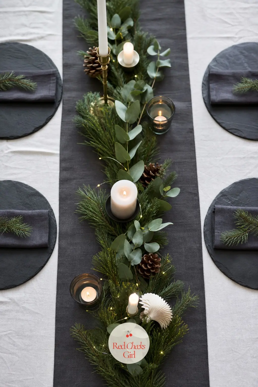 A Charcoal Runner Over A Chalk Cloth With Slate Chargers — Start with a chalk white cloth, lay a charcoal runner straight down the centre, then set slate stone