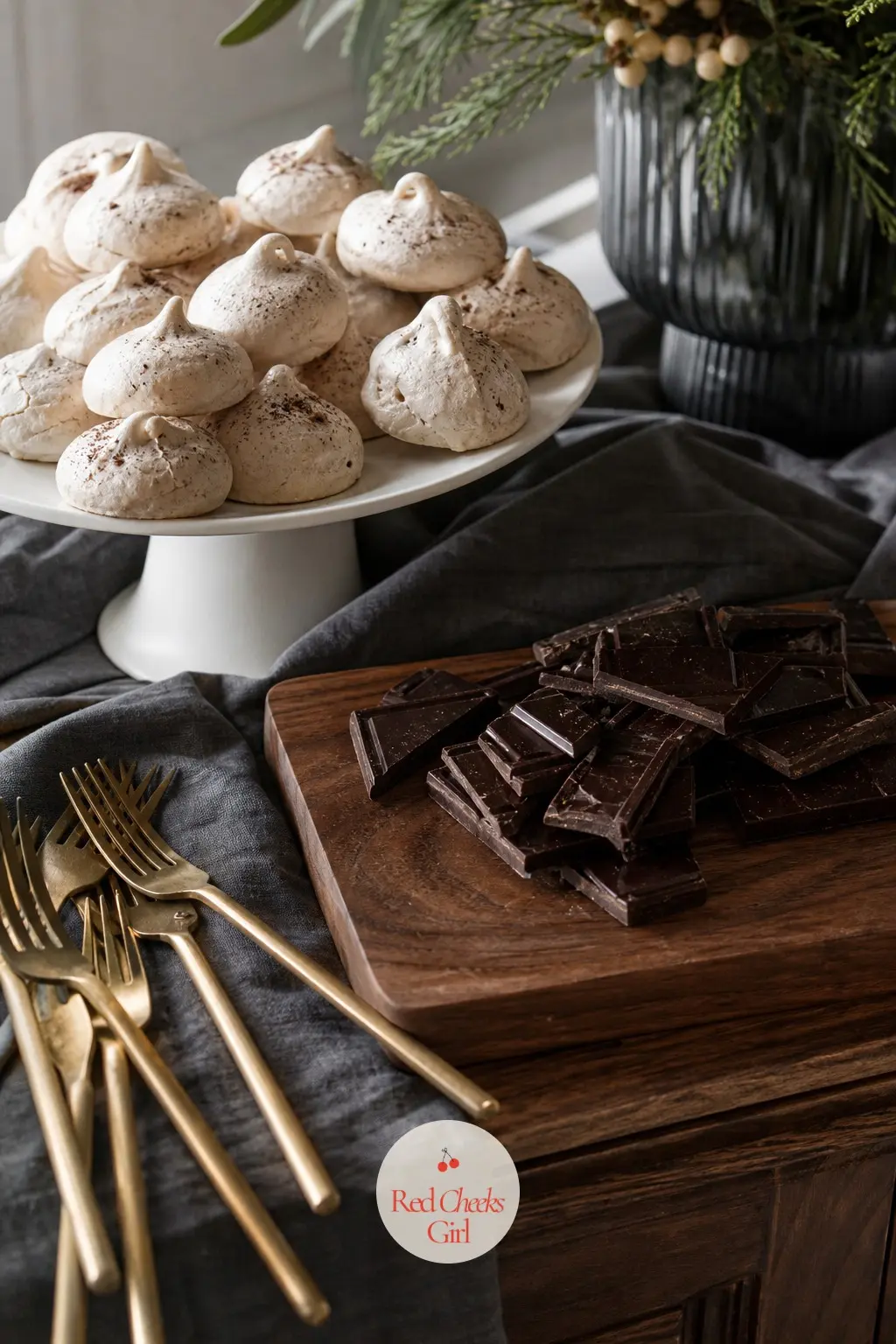 A Dessert Spread In Chalk, Graphite And Walnut — After dinner the table turns over to dessert, and the colours hold: pale meringues and shortbread on a matte