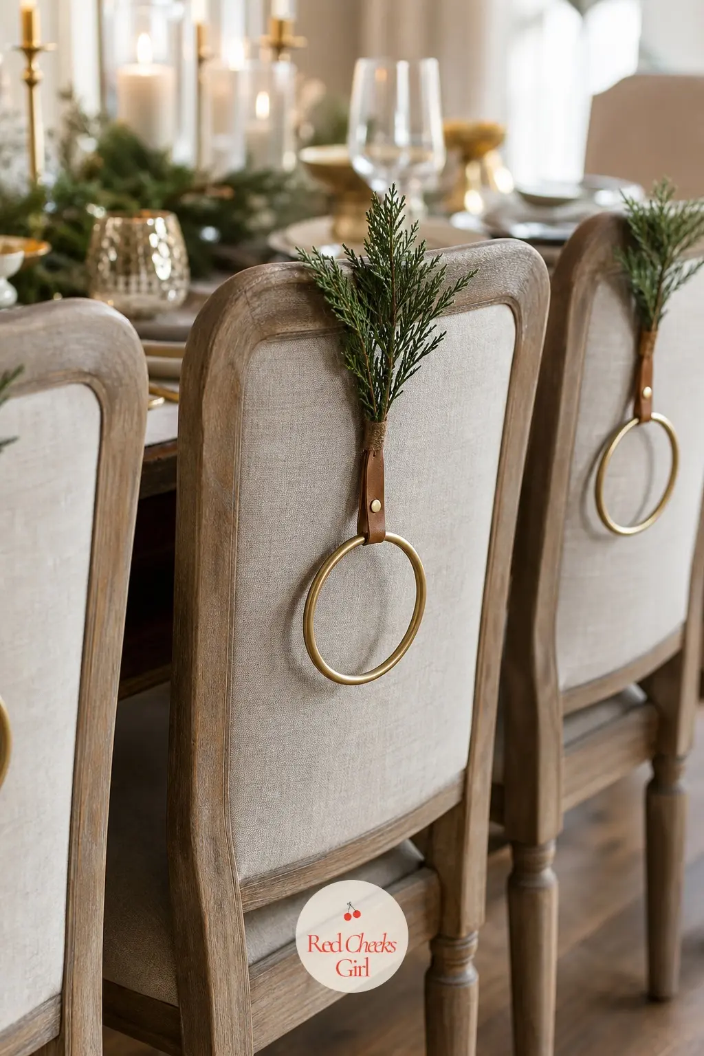 Dining Chair Backs Tied With A Brass Ring And One Sprig — Each dining chair back gets a single brass ring slipped over the top rail with one small branch sprig