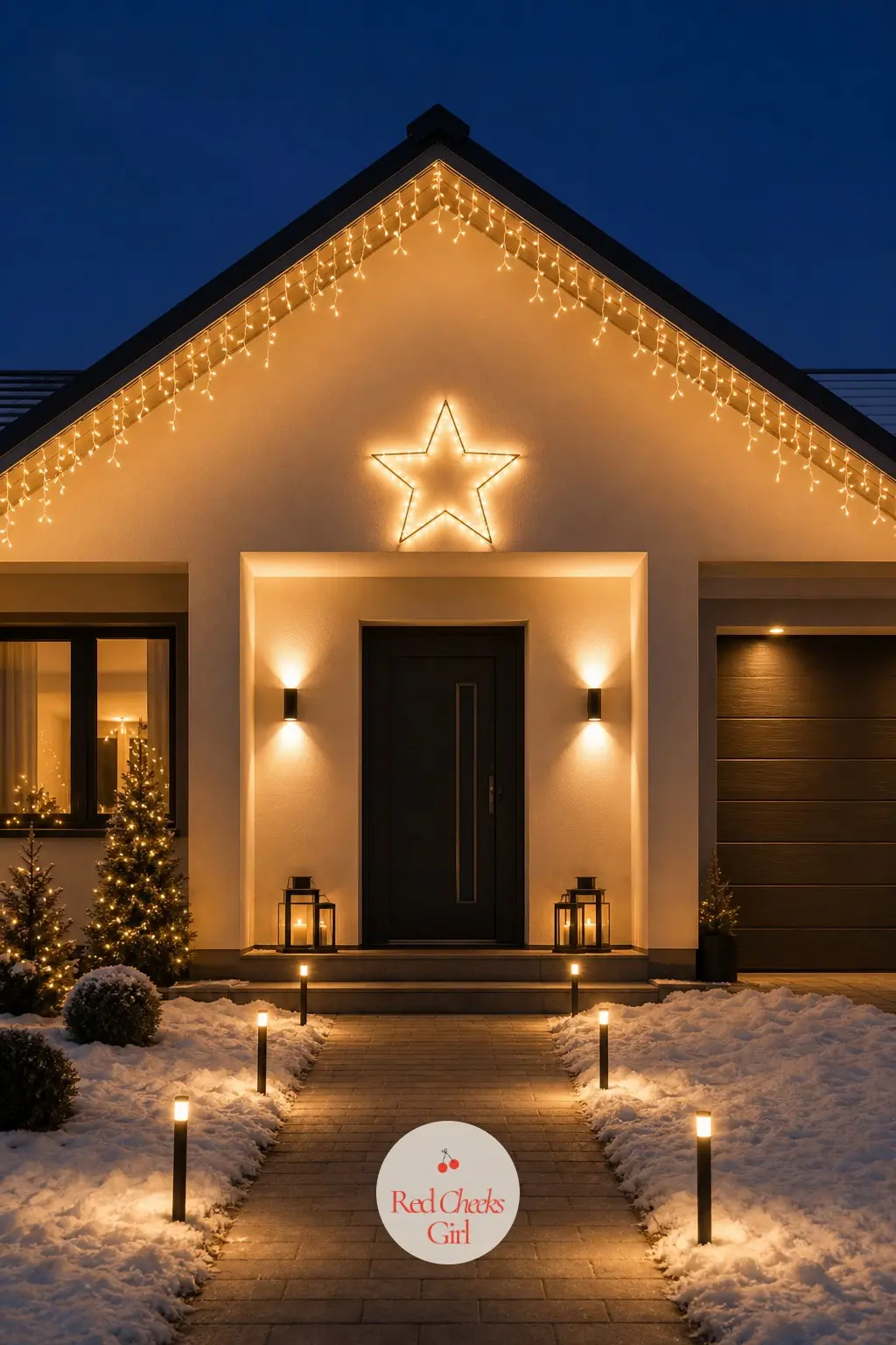 The Facade Lit Warm White, Seen From The Street — After dark the same restraint pays off: one line of warm white icicle lights along the roofline, no colour