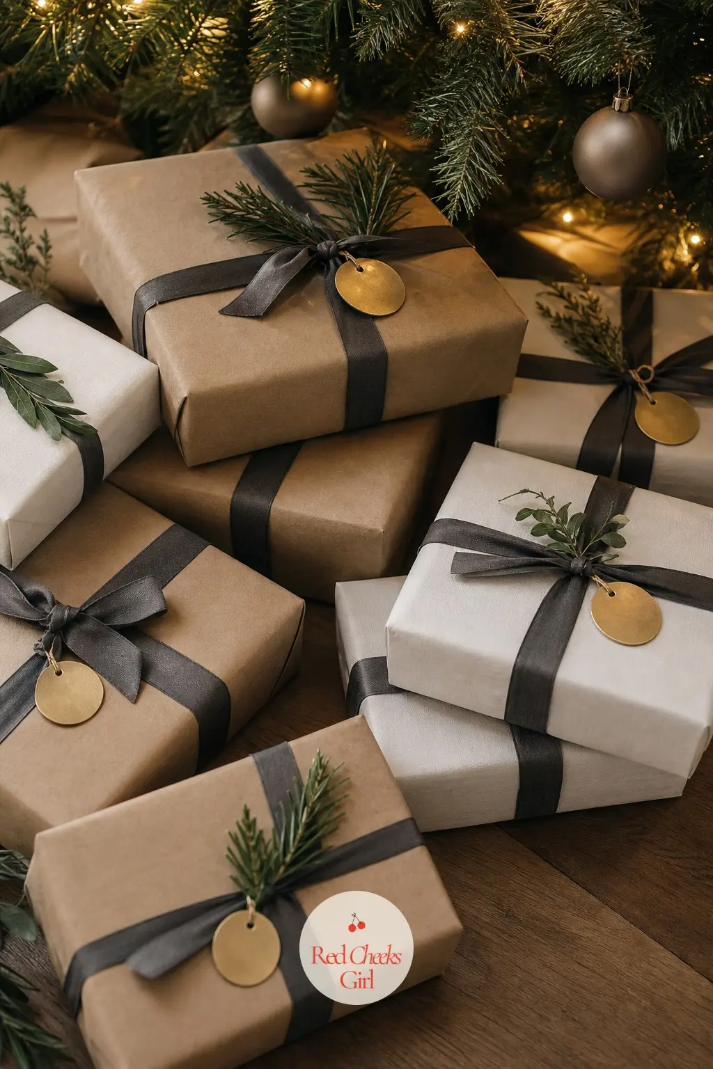 Gifts Wrapped In Kraft, Chalk And Graphite — Under the tree, gifts wrapped in plain kraft paper and chalk white paper alternate, tied with graphite ribbon and