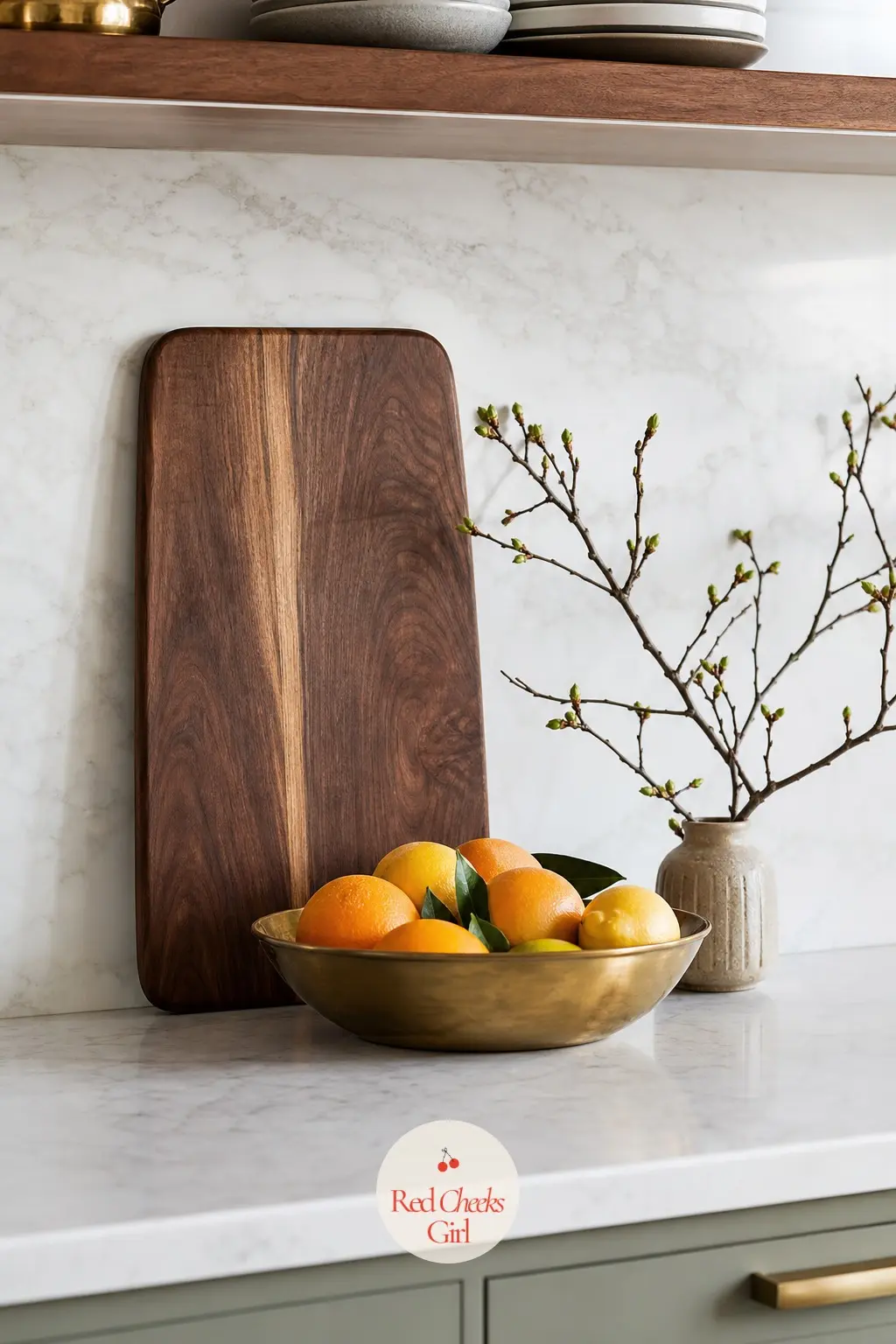 The Kitchen Island With One Walnut Board And One Branch — The island stays mostly clear for actual cooking, but one walnut board leaned against the backsplash