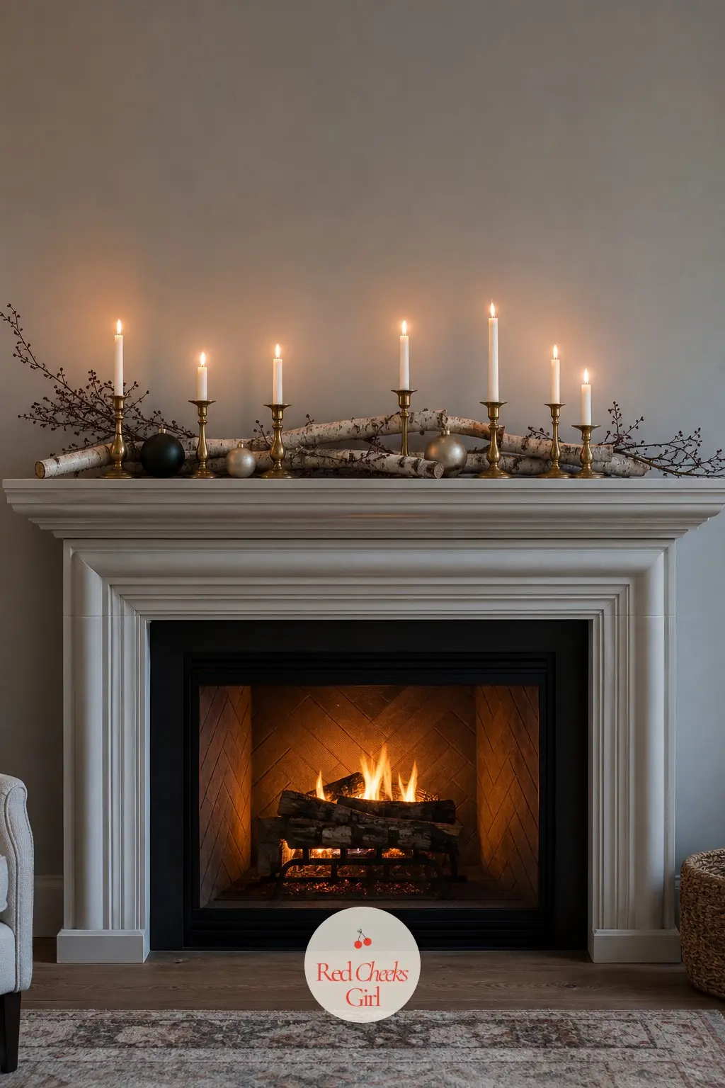 A Low Line Of Candles And Cut Branches Across The Mantel — Instead of a garland, run a low line of brass candlesticks in three different heights along the