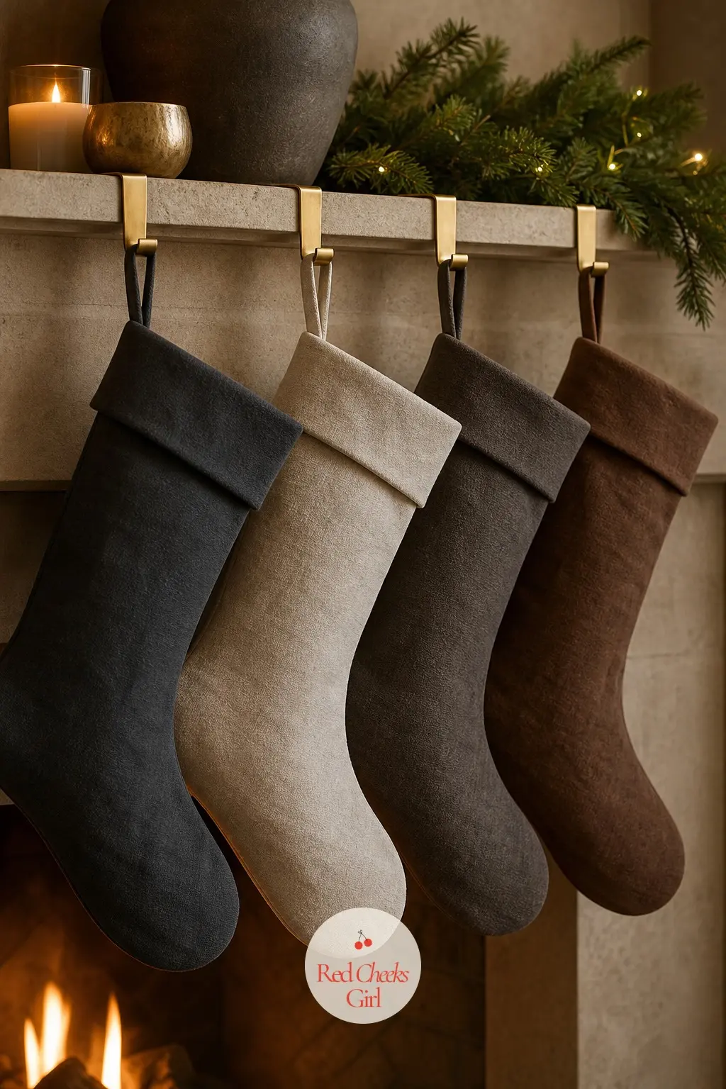 Matte Stockings Hung From Brass Hooks, No Bells — Four stockings in matte graphite, chalk white, and one in walnut brown, hung from simple brass hooks with