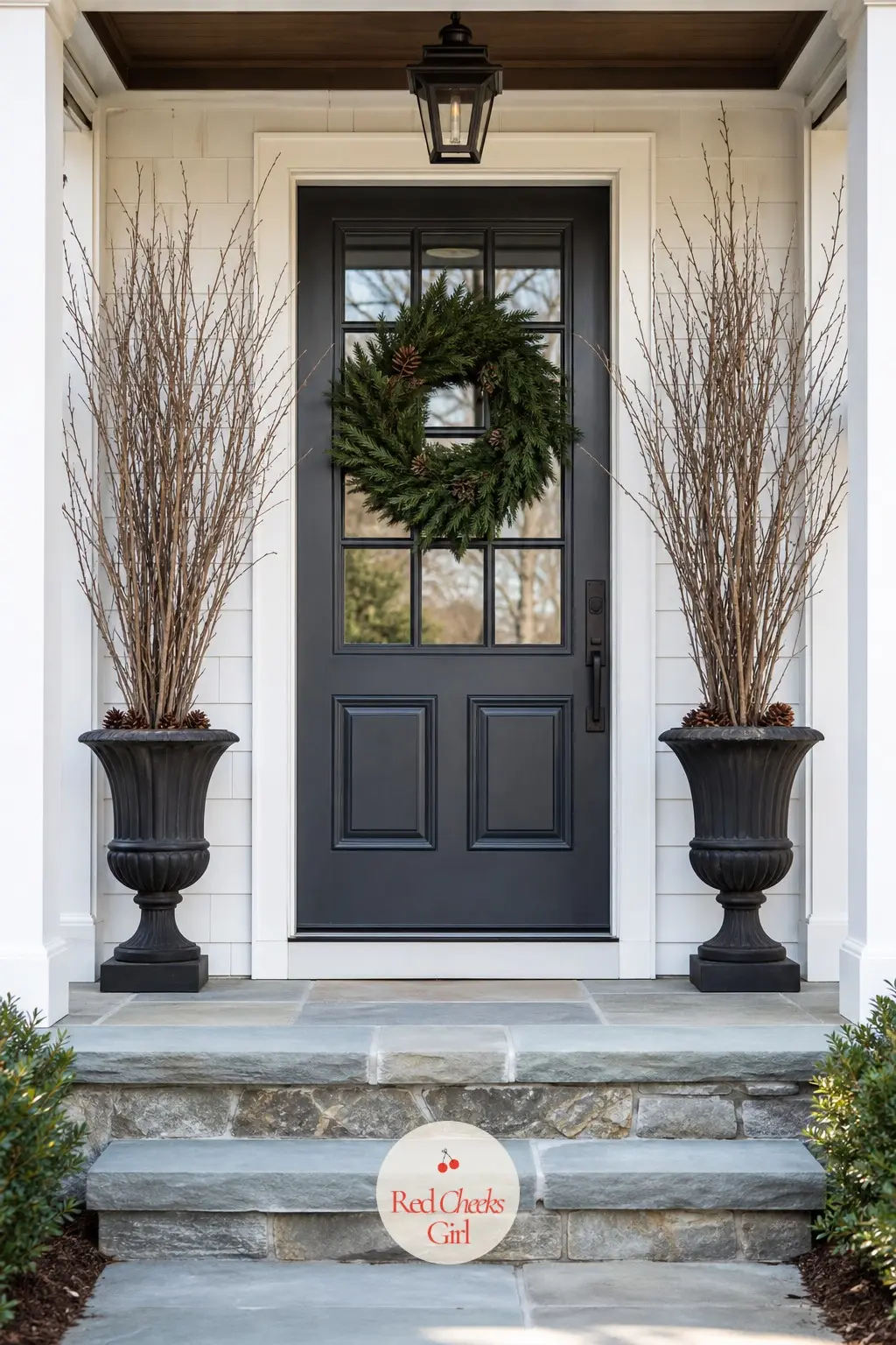 A Pair Of Bare Branch Urns Flanking The Door — Two tall urns either side of the front door, each packed with bare branch stems rather than evergreen, gives the