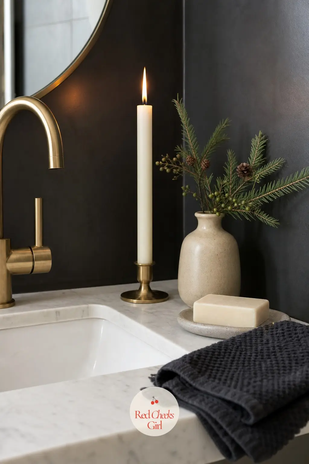 The Powder Room: One Candle, One Soap, One Bud Vase — Three objects, nothing more: a single taper candle lit before guests arrive, a bar of soap in a neutral