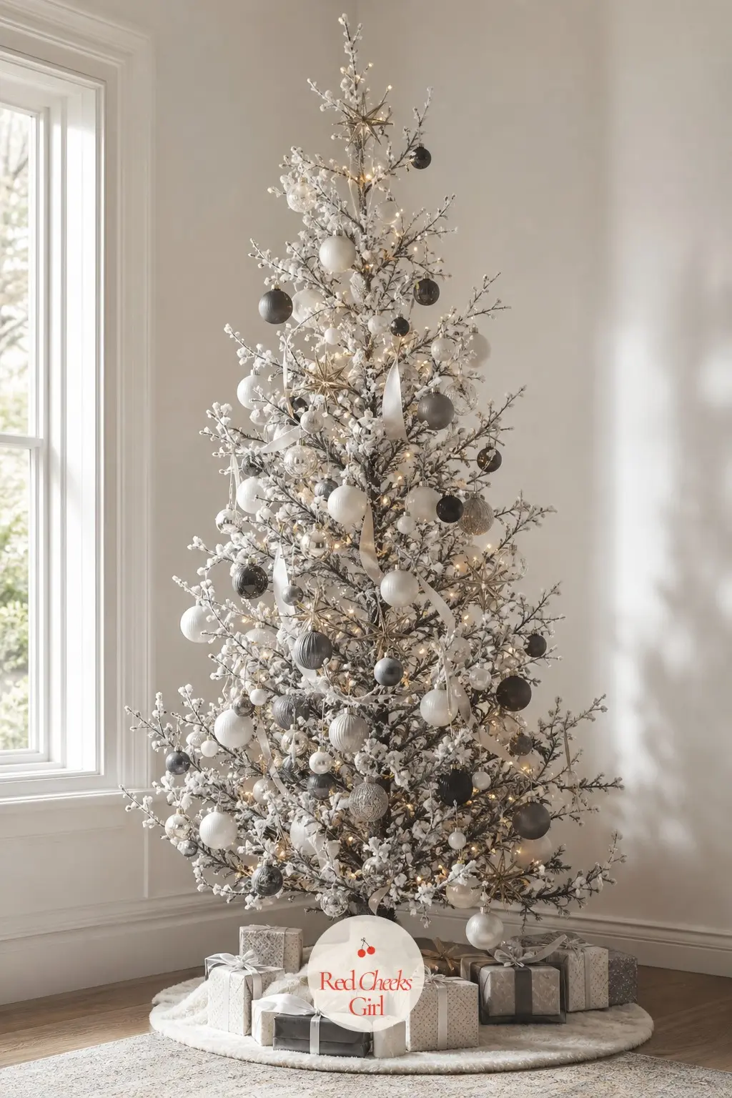 A Sculptural Branch Tree In Matte White And Graphite — Skip the dense, bushy tree and go for one with visible space between the branches, almost architectural.