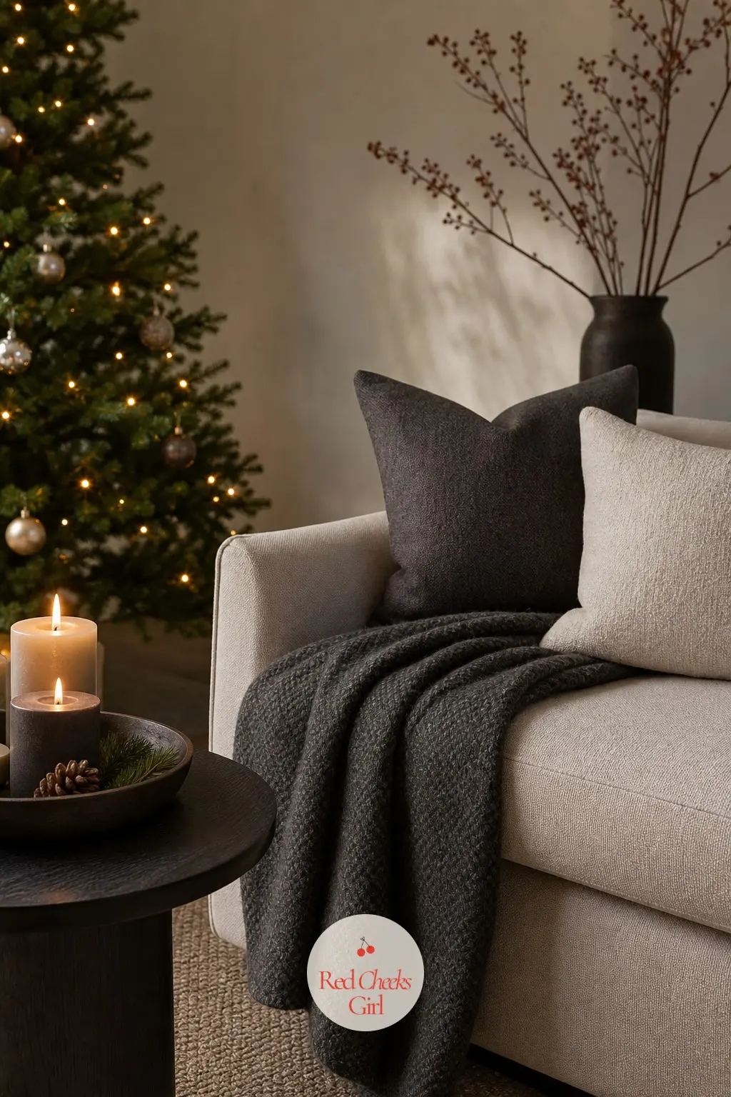 The Seating Area Edited Down To Three Textures — Around the tree, the sofa gets one mohair throw in graphite, the side table gets a pair of matte candles, and