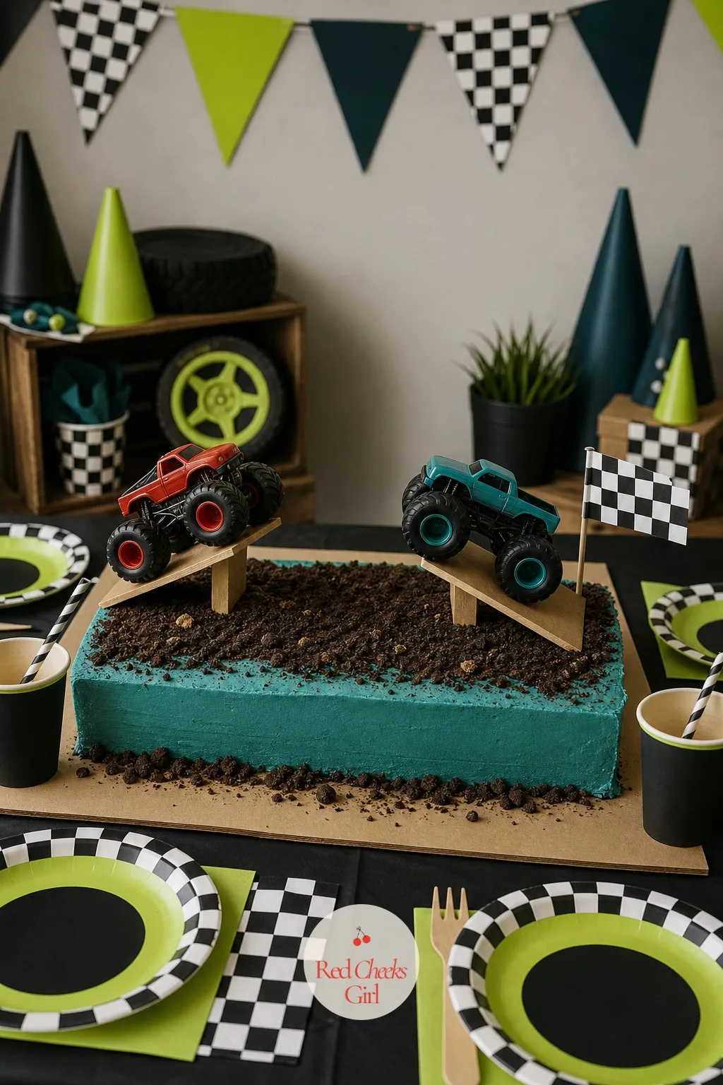 Arena Cake With Mini Ramps — This is the showpiece dessert, and it does not require sculpting a truck out of fondant. Monster truck birthday party ideas