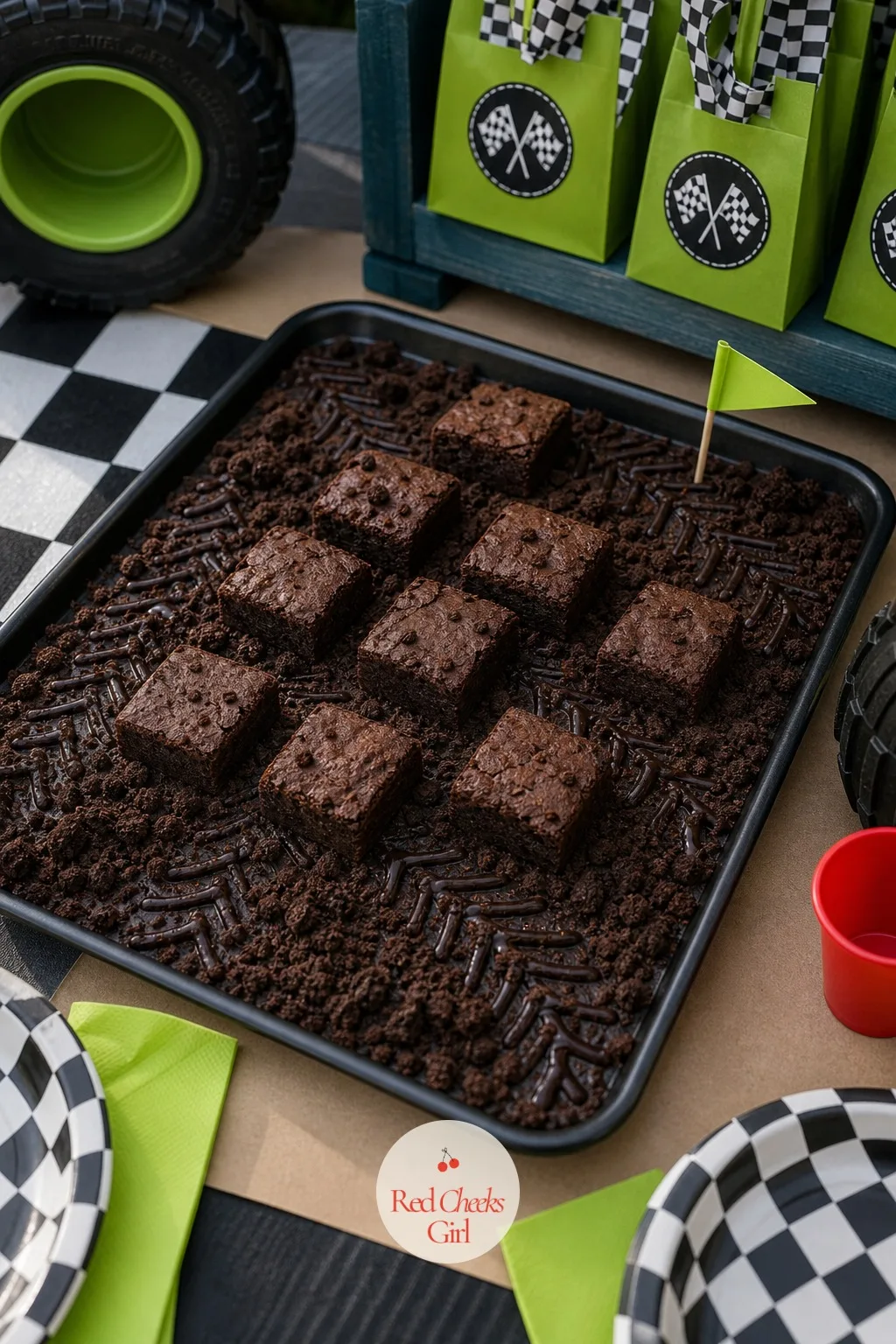 Brownie Mud Track Tray — For the parent who would rather not frost anything, this is the easy way in. Monster truck birthday party ideas