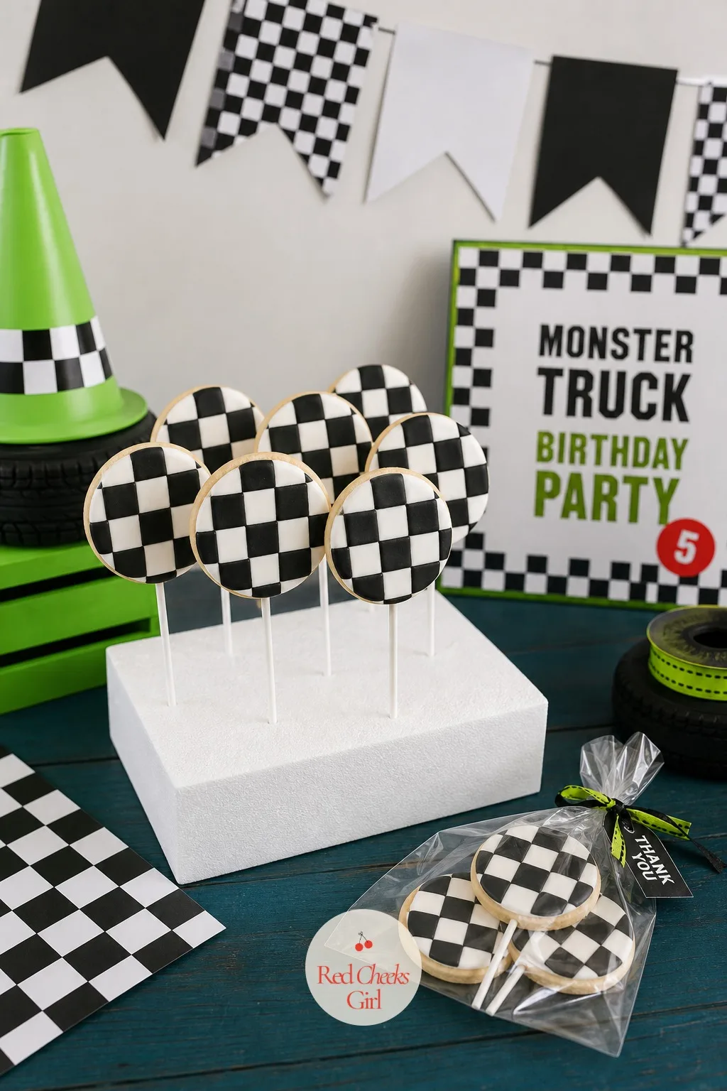 Checkered Flag Cookie Pops — These do double duty as dessert table filler and take-home treat, which is the kind of efficiency worth having. Monster truck