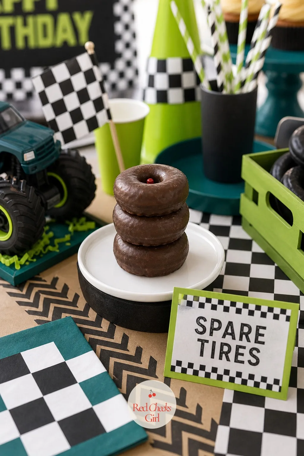 Chocolate Mini Donut Spare Tires — These need zero oven time and still land as the cleverest thing on the table. Monster truck birthday party ideas