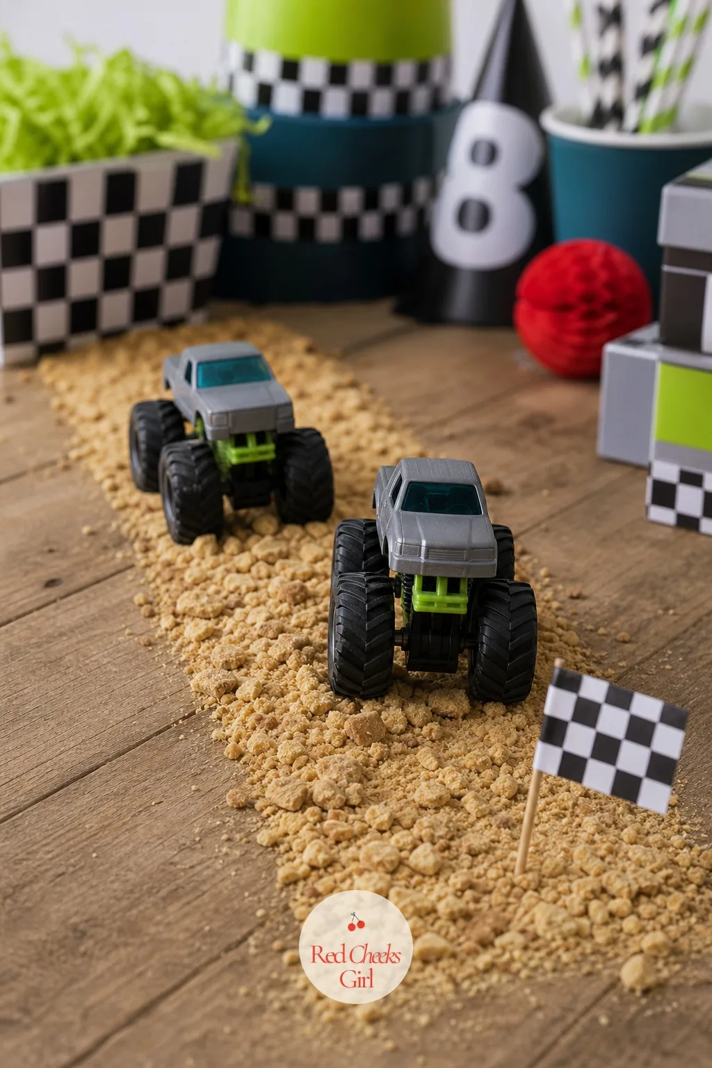 Crushed Graham Cracker Dirt Runner — Nobody expects a table runner to be edible, which is exactly why this one gets noticed. Monster truck birthday party ideas