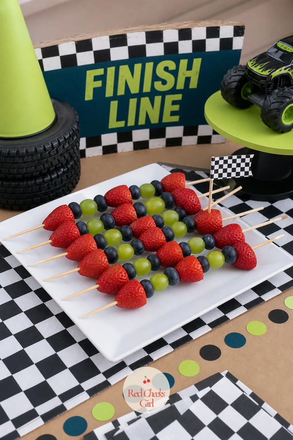 Finish Line Fruit Skewers — Somebody always asks for a fruit option, and this one actually matches the theme instead of looking tacked on. Monster truck