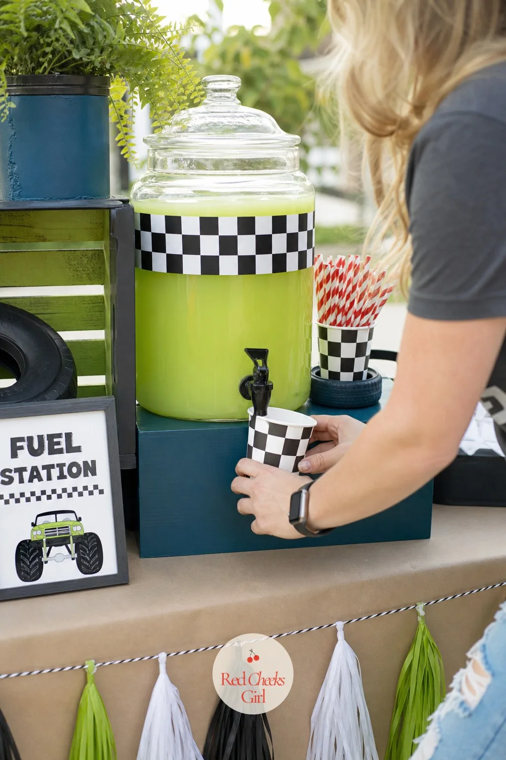 Fuel Station Drink Dispenser — One dispenser replaces a table full of warm juice boxes. Monster truck birthday party ideas