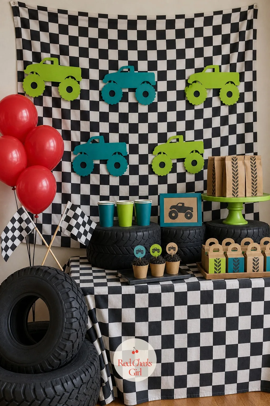Monster Truck Arena Backdrop — Guests notice the wall before they notice the cake, so this is where the whole look announces itself. Monster truck birthday