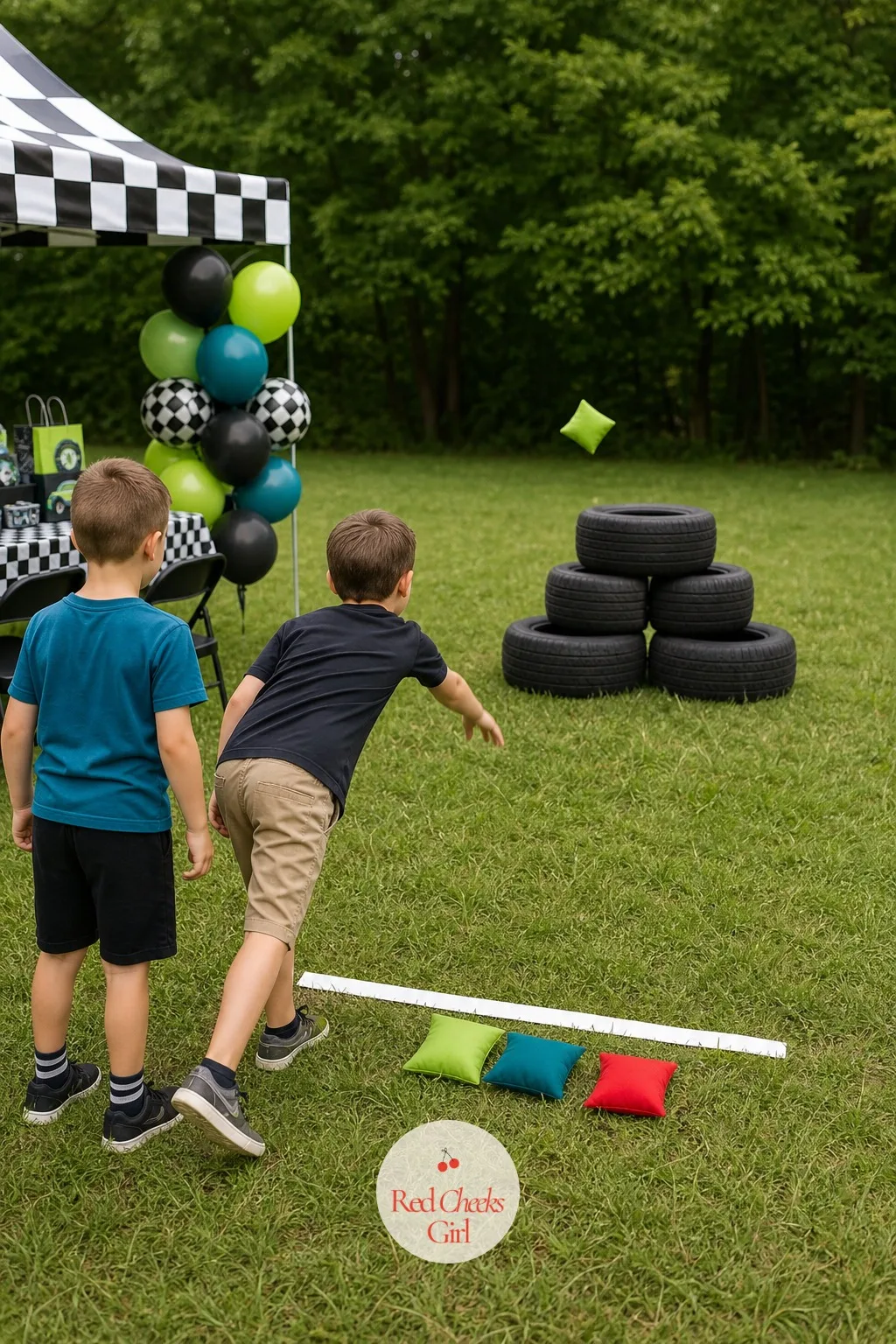 Tire Stack Bean Bag Toss — Stack three or four painted tire shapes, real or rolled from cardboard, into a low pyramid on the grass and mark a throw line a few