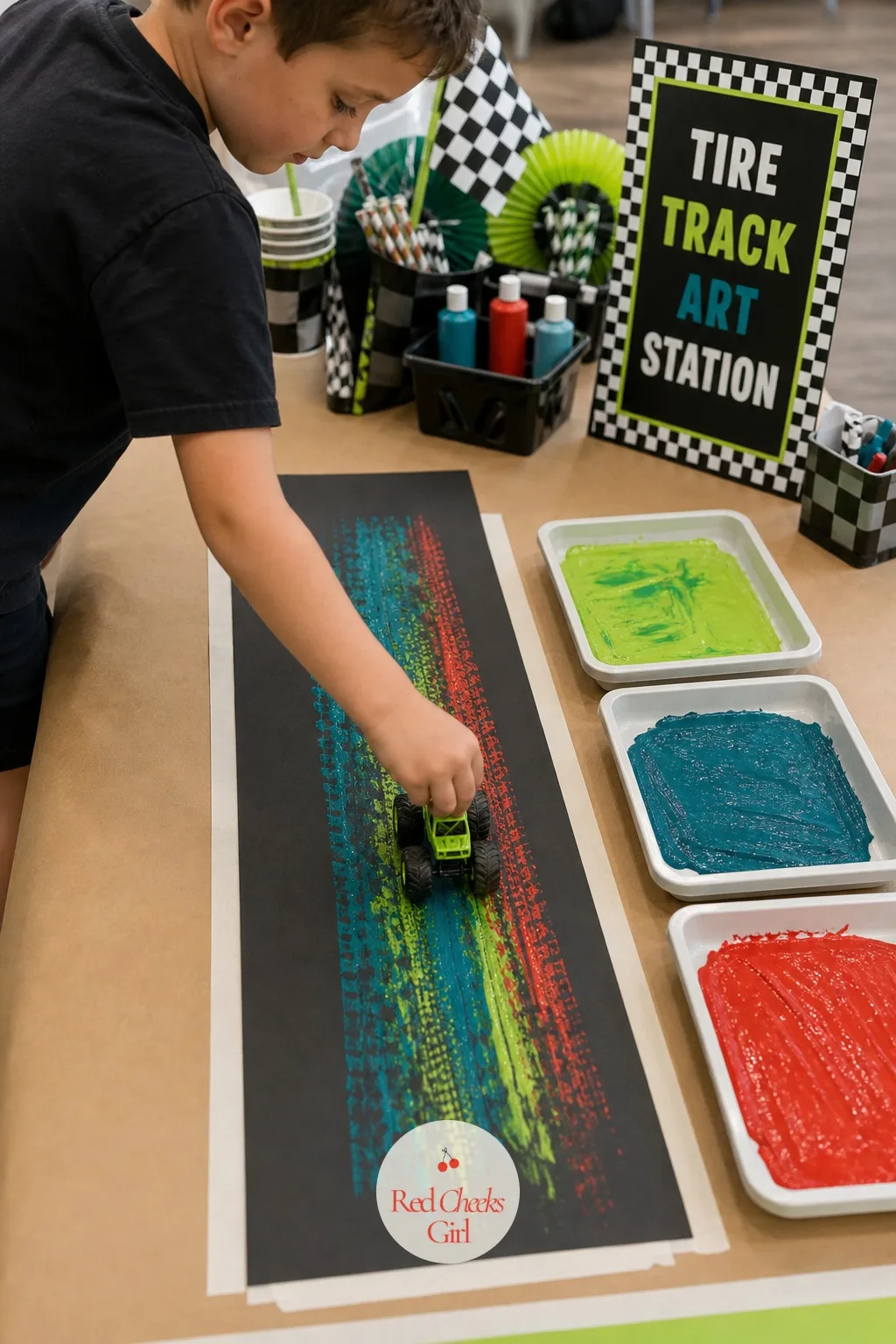 Tire Track Art Station — This is the activity that keeps hands busy without a single scoreboard. Monster truck birthday party ideas