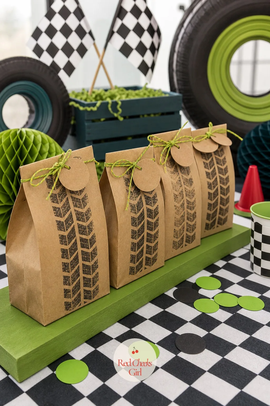Tire Tread Favor Bags — The goodie bag is the last thing a guest touches on the way out, so it is worth the extra five minutes. Monster truck birthday party