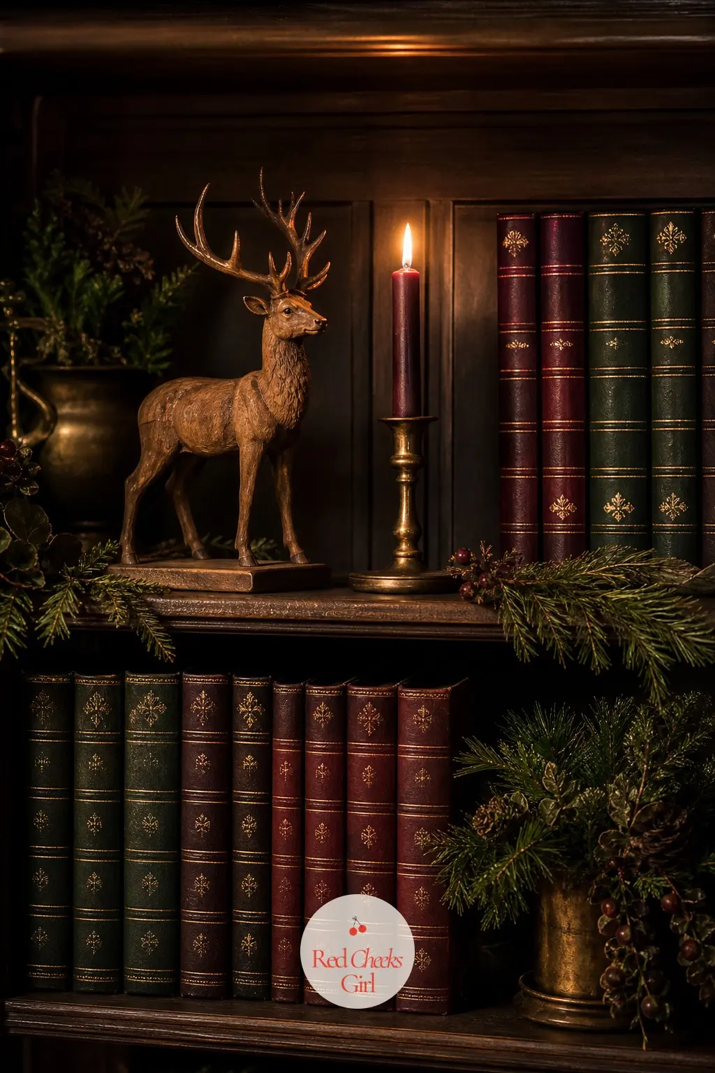 The Bookshelf, Dark Academia by Candlelight — A shelf of real books already looks right for this theme, so add only a stacked pair of leather-bound volumes in
