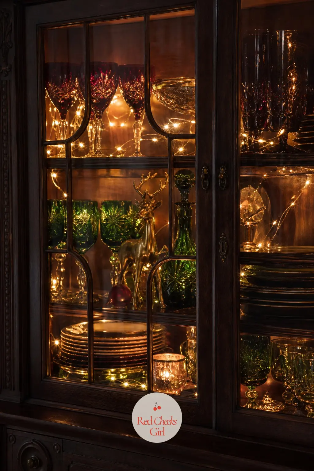 The China Cabinet, Lit From Within — A china cabinet usually sits dark and ignored all December, so give it one string of warm micro lights tucked behind the