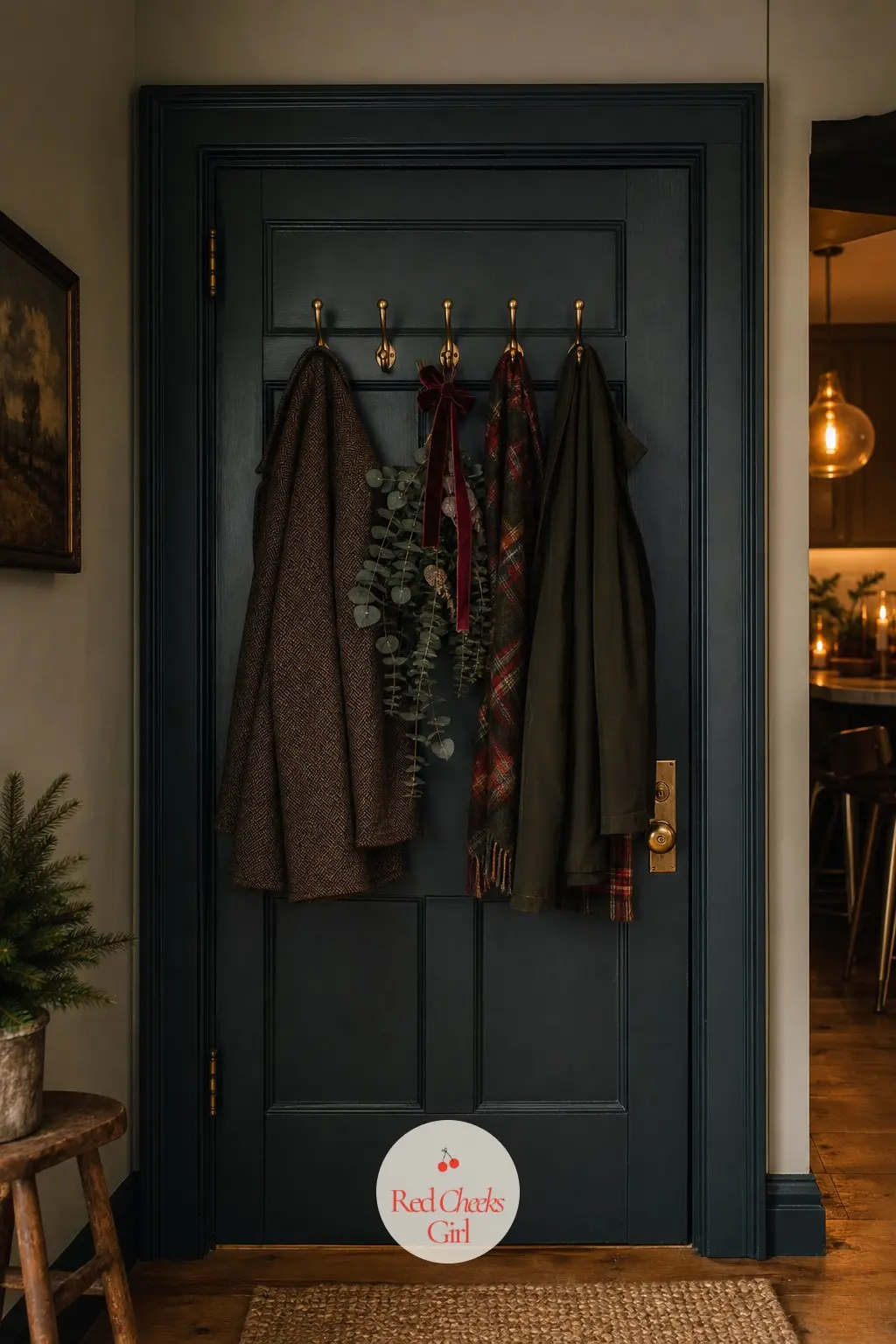 The Coat Hooks by the Back Door — A row of brass hooks by the kitchen door usually just holds coats, so give one hook a sprig of eucalyptus tied in burgundy